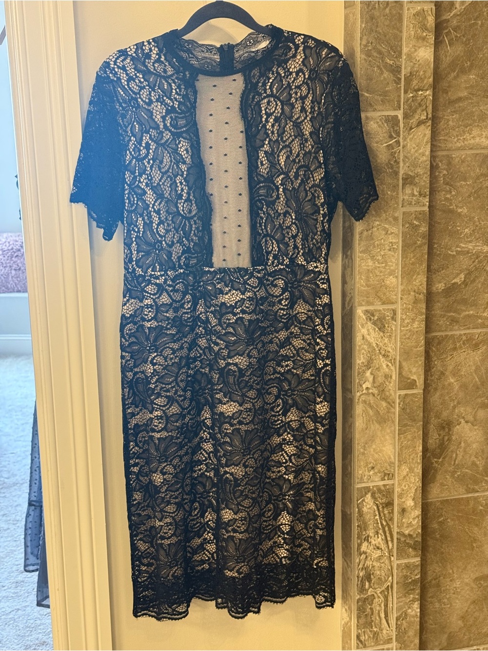 Black Lace Midi Dress with Sheer Polka Dot Panel